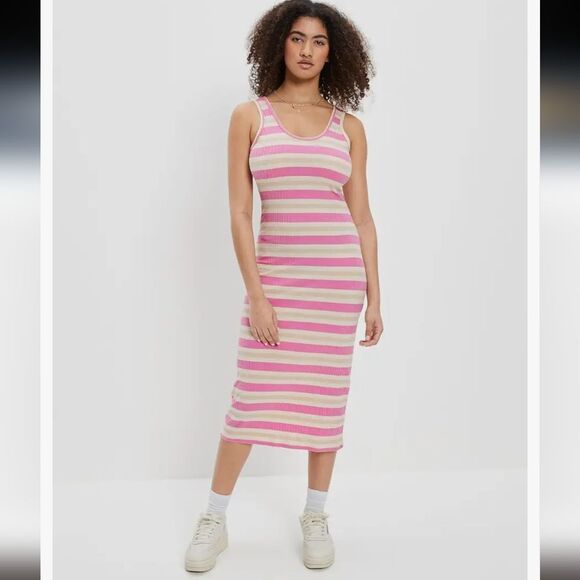 American Eagle AE Ribbed Knit Midi Pink White Striped Sleeveless Sundress XL - Picture 1 of 6